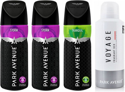

Park Avenue 2 Storm and 1 Tranquil and 1 Voyage Deodorant Combo for Men (Pack of 4) Deodorant Spray - For Men(520 ml, Pack of 4)