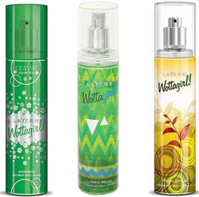 

LAYERR WOTTAGIRL FRESH CITRUS FRAGRANT BODY SPLASH + WOTTAGIRL SPELL BOUND FRAGRANT BODY SPLASH + WOTTAGIRL EVERGREEN FRAGRANT BODY SPLASH Body Spray - For Women(135 ml, Pack of 3)