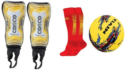 

Cosco Combo of three, one Pair of 'Predator' Shin Guard, one 'Strom' Football and one Pair of 'Encounter' Socks (Color On Availability)- Football Kit