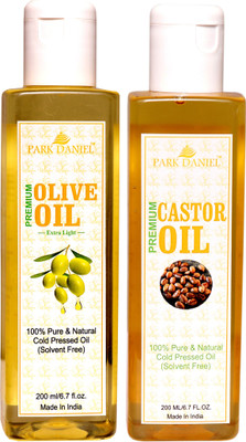 PARK DANIEL Pure Olive Oil and Cold pressed Castor oil Combo of 2 bottles of 200 ml(400 ml)(400 ml)