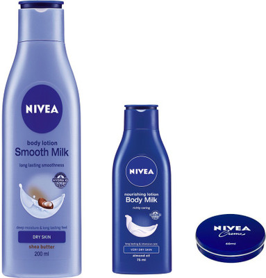 

Nivea SMOOTH MILK BODY LOTION 200 ML +BODY MILK NOURISHING LOTION 75 ML+CREME 60 ML(200 ml)