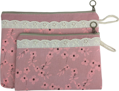 

Bag of Small Things Fabric Multipurpose Travel Pouch Set of 2 Pink Floral Cosmetic Bag(Pink)