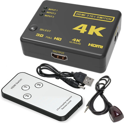 

Technotech HDMI 3 Port Switch Splitter Adaptor for HDTV 1080P With Remote Controller Box Media Streaming Device(Black)