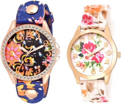 SOOMS SET OF 2 XYZ BLUE COLOR FLORAL WITH BIG SIZE DIAL -35 MM DIAMETER LADIES DIAMOND STUDDED PARTY WEAR Watch  - For Women   Watches  (Sooms)