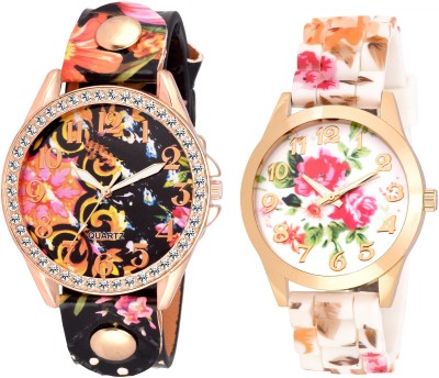 COSMIC set of two xyz black color floral with big size dial -35 mm ladies diamond studded party wear Watch  - For Women   Watches  (COSMIC)
