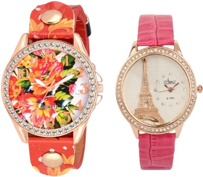 COSMIC SET OF 2 XYZ MULTI COLOR FLORAL WITH Effil tower new original paris Dial Multicolour Leather Pink Strap LADIES PARTY WEAR Watch  - For Women   Watches  (COSMIC)