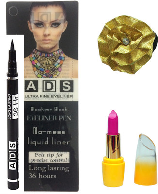 ADS Ultra Fine Pen Eyeliner Long Lasting 36 Hours, Lipstick and Golden band(Set of 3)