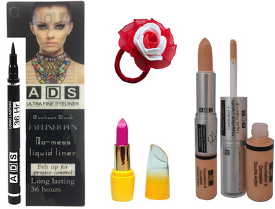 

ADS Ultra Fine Pen Eyeliner Long Lasting 36 Hours, Lipstick, Foundation & Concealer (2 in 1) and band(Set of 4)