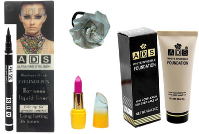

ADS Ultra Fine Pen Eyeliner Long Lasting 36 Hours, Lipstick, Foundation and Silver band(Set of 4)