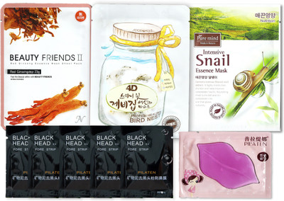 

PG Total Care Beauty Friends Reg Ginseng, Snail, Bird Nest Sheet Mask and Lip Mask with 5 Blackhead/Whitehead Removing charcoal liquid peel(Set of 9)
