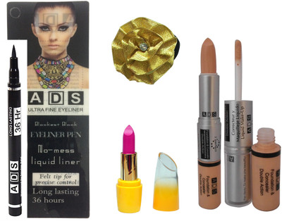 

ADS Ultra Fine Pen Eyeliner Long Lasting 36 Hours, Lipstick, Foundation & Concealer (2 in 1) and Golden band(Set of 4)