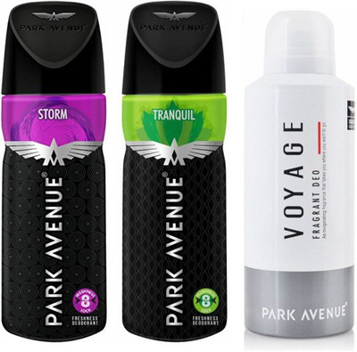 

Park Avenue 1 Storm and 1 Tranquil and 1 Voyage Deodorant Combo for Men (Pack of 3) Deodorant Spray - For Men(390 ml, Pack of 3)
