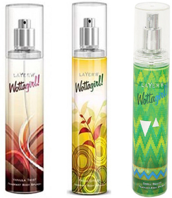 

LAYERR WOTTAGIRL VANILLA TWIST FRAGRANT BODY SPLASH + WOTTAGIRL SECRET CRUSH FRAGRANT BODY SPLASH + WOTTAGIRL DEEP SPACE BODY SPLASH Body Spray - For Women(135 ml, Pack of 3)