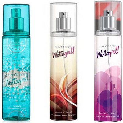 

LAYERR WOTTAGIRL SECRET CRUSH FRAGRANT BODY SPLASH + WOTTAGIRL VANILLA TWIST FRAGRANT BODY SPLASH + WOTTAGIRL FANTASY FRAGRANT BODY SPLASH Body Spray - For Women(135 ml, Pack of 3)