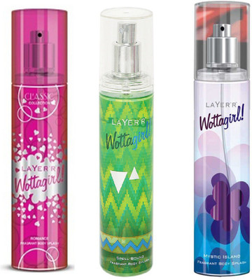 

LAYERR WOTTAGIRL MYSTIC ISLAND FRAGRANT BODY SPLASH + WOTTAGIRL SPELL BOUND FRAGRANT BODY SPLASH + WOTTAGIRL ROMANCE FRAGRANT BODY SPLASH Body Spray - For Women(135 ml, Pack of 3)