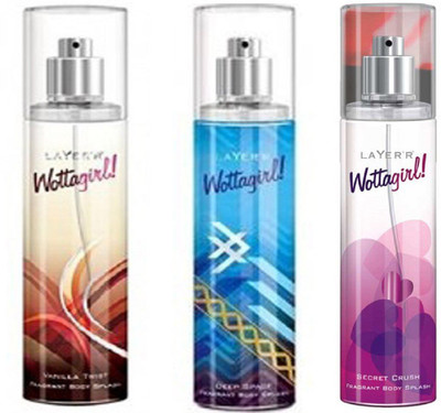 

LAYERR WOTTAGIRL DEEP SPACE FRAGRANT BODY SPLASH + WOTTAGIRL SECRET CRUSH FRAGRANT BODY SPLASH + WOTTAGIRL VANILLA TWIST FRAGRANT BODY SPLASH Body Spray - For Women(135 ml, Pack of 3)