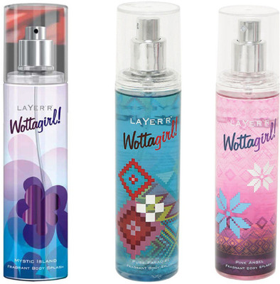 

LAYERR WOTTAGIRL PINK ANGEL FRAGRANT BODY SPLASH + WOTTAGIRL PURE PARADISE FRAGRANT BODY SPLASH + WOTTAGIRL MYSTIC ISLAND FRAGRANT BODY SPLASH Body Spray - For Women(135 ml, Pack of 3)