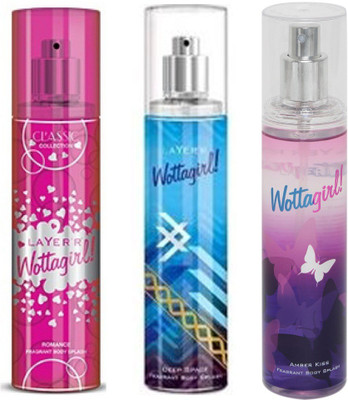 

LAYERR WOTTAGIRL AMBER KISS FRAGRANT BODY SPLASH + WOTTAGIRL DEEP SPACE FRAGRANT BODY SPLASH + WOTTAGIRL ROMANCE FRAGRANT BODY SPLASH Body Spray - For Women(135 ml, Pack of 3)