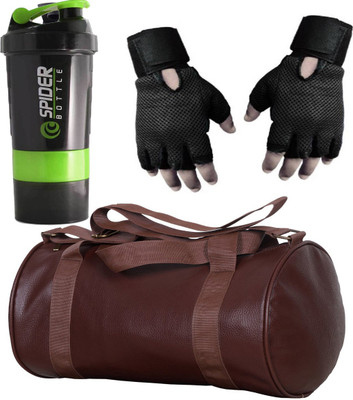 Cp Bigbasket Combo Set Leather Soft Gym Bag (Brown), Spider Shaker (Green), Netted Gym & Fitness Gloves (Black) Gym & Fitness Kit