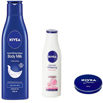 

Nivea BODY MILK NOURISHING LOTION 200 ML+ WHITENING EVEN TONE BODY LOTION 75 ML+ CREME 60 ML(200 ml)