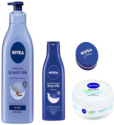 

Nivea SMOOTH MILK BODY LOTION 400 ML+BODY MILK NOURISHING LOTION 75 ML +SOFT LIGHT MOISTURIZER 100 ML +CREME 20 ML(400 ml)
