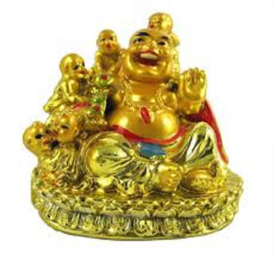 

shoppingmart Laughing Buddha With Children/Kids Fulfilling laughing Buddha/joy and laughter. Decorative Showpiece - 6.5 cm(Bone China, Gold)