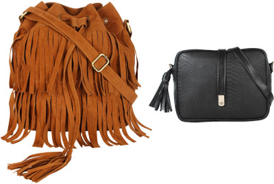39 OFF on Lychee Bags Tan Black Sling Bag PU Sling Combo Pack of