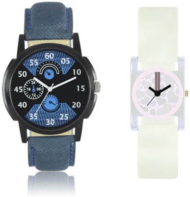 FASHION POOL LOREM MEN'S MOST STYLISH BLUE & BLACK ROUND DIAL WATCH COMBO WITH WOMEN'S FULL PERAL WHITE SQUARE DIAL WATER MARK GRAPHICS WATCH WITH BLUE LEATHER BELT & WHITE PU BELT COUPLE COMBO PROFESSIONAL & CASUAL WEAR COUPLE WATCH FOR FESTIVAL SPECIAL Watch  - For Boys & Girls   Watches  (FASHION POOL)