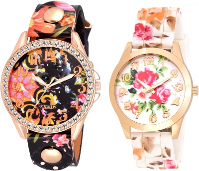 sooms set of 2 XYZ BLACK COLOR FLORAL WITH BIG SIZE DIAL -35 MM DIAMOND STUDDED LADIES PARTY WEAR Watch  - For Women   Watches  (Sooms)
