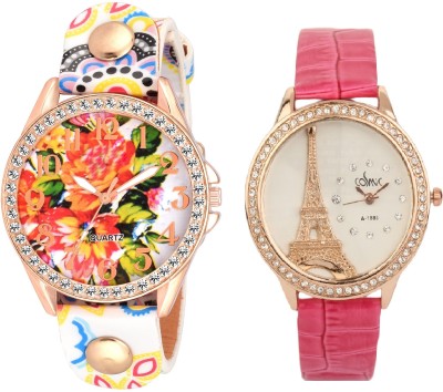 SOOMS SET OF 2 XYZ WHITE COLOR FLORAL WITH Effil tower new original paris Dial Multicolour Leather Pink Strap LADIES PARTY WEAR Watch  - For Women   Watches  (Sooms)