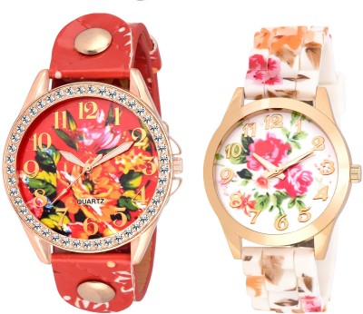 COSMIC SET OF 2 XYZ RED COLOR FLORAL WITH BIG SIZE DIAL -35 MM LADIES DIAMOND STUDDED PARTY WEAR Watch  - For Women   Watches  (COSMIC)