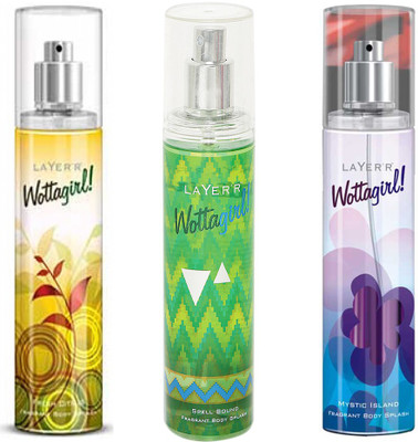 

LAYERR WOTTAGIRL MYSTIC ISLAND FRAGRANT BODY SPLASH + WOTTAGIRL SPELL BOUND FRAGRANT BODY SPLASH + WOTTAGIRL FRESH CITRUS FRAGRANT BODY SPLASH Body Spray - For Women(135 ml, Pack of 3)
