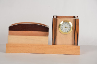 

shivom crafts 3 Compartments WOODEN PEN HOLDER CARD HOLDER CLOCK(Beige)