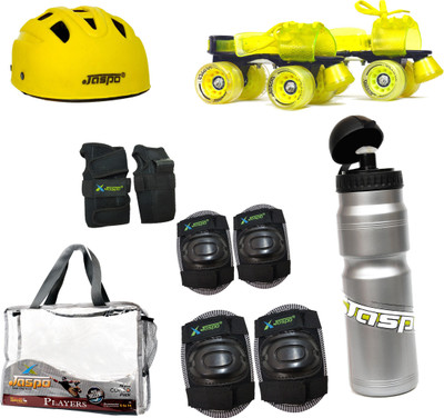 

Jaspo Players Delite Yellow Senior Skates Combo (skates+helmet+knee+elbow+wrist+sipper+bag)suitable for age 6 to 14 years Skating Kit