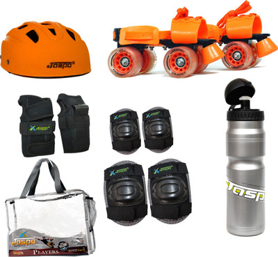 

Jaspo Players Delite Orange Senior Skates Combo (skates+helmet+knee+elbow+wrist+sipper+bag)suitable for age 6 to 14 years Skating Kit