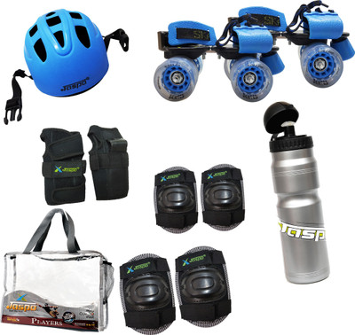 

Jaspo Players Delite Blue Senior Skates Combo (skates+helmet+knee+elbow+wrist+sipper+bag)suitable for age 6 to 14 years Skating Kit