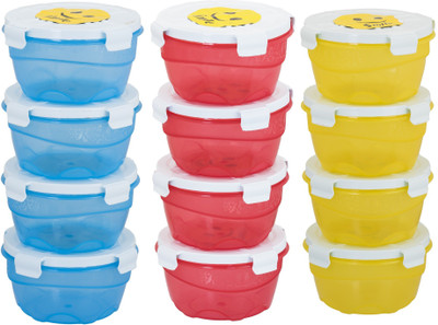 

Carrolite Combo Smiley Pack of 12- 4 Blue,4 Red,Yellow Plastic Container 12 Containers Lunch Box(2400 ml), Multicolor