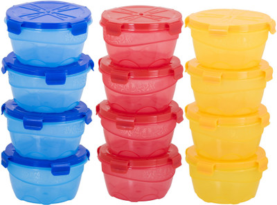 

Carrolite Combo Four Lock Pack of 12- 4 Blue,4 Red,Yellow Plastic Container 12 Containers Lunch Box(2400 ml), Multicolor