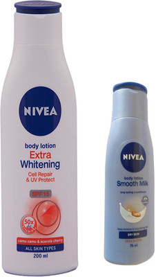 

Nivea EXTRA WHITENING CELL REPAIR BODY LOTION 200 ML + SMOOTH MILK BODY LOTION 75 ML(200 ml)
