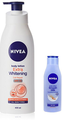 

Nivea EXTRA WHITENING CELL REPAIR LOTION 400 ML + SMOOTH MILK BODY LOTION 75 ML(400 ml)