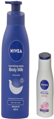 

Nivea BODY MILK NOURISHING LOTION 400 ML+WHITENING EVEN TONE BODY LOTION 75 ML(400 ml)