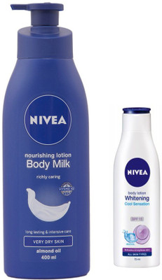 

Nivea BODY MILK NOURISHING LOTION 400 ML+ WHITENING COOL SENSATION SPF 15 BODY LOTION 75 ML(400 ml)