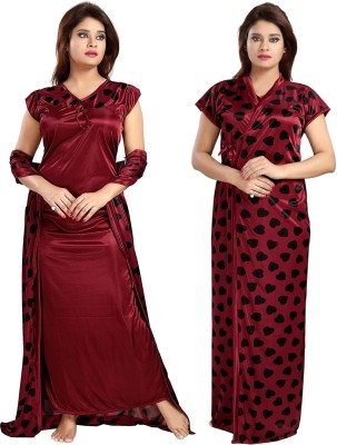 Fabme Women Nighty with Robe(Maroon)