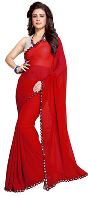 Mirchi Fashion Solid, Embellished, Plain Fashion Georgette, Poly Georgette Saree(Red)
