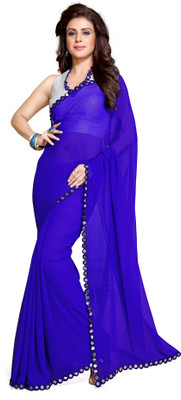 Mirchi Fashion Solid Fashion Poly Georgette Saree(Blue)