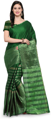 Ratnavati Striped, Solid/Plain Handloom Silk Blend, Cotton Blend Saree(Green)