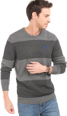 U.S. POLO ASSN. Striped Round Neck Casual Men Grey Sweater