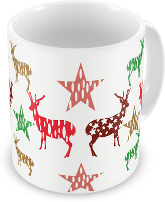 

Indigifts Deer Star Pattern Printed White Ceramic (330 ml) ( Xmas Gift For Her, Him, Boy, Girl, Dad, Mom, Friends, Family ) - Christmas Decorations Ceramic Mug(330 ml)