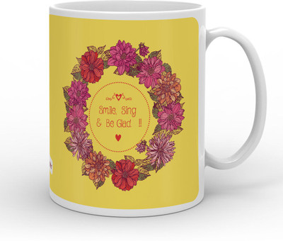 Indigifts Smile, Sing & be Glad Quote Ceramic Mug(330 ml), Yellow