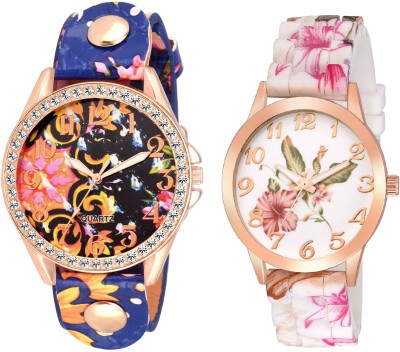 COSMIC SET OF 2 XYZ BLUE COLOR FLORAL with NEW GENVA PLATINUM SL-0068 FLORAL BIG SIZE DIAL diamond studded ladies party wear Watch  - For Women   Watches  (COSMIC)